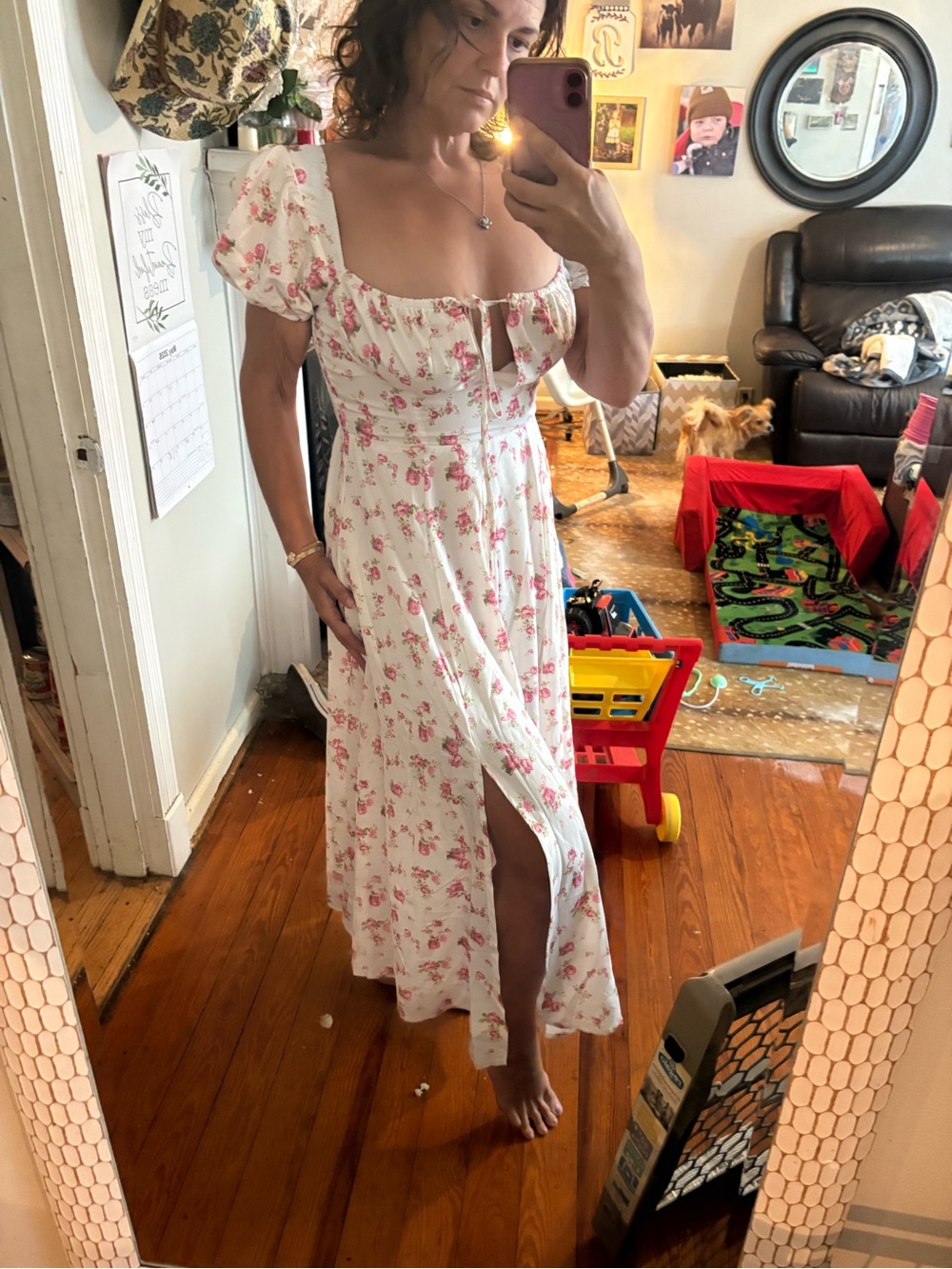 Floral Puff-Sleeve Midi Dress in White with Pink Roses